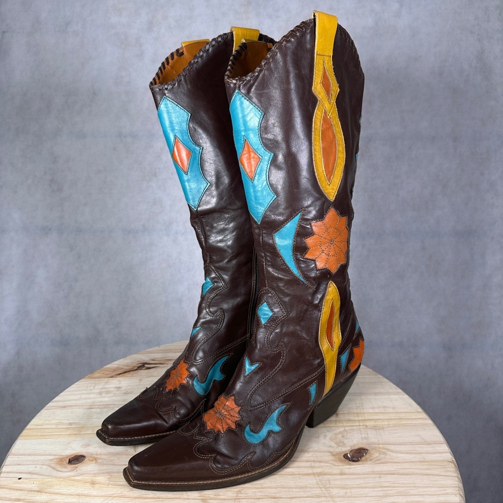 BCBGirls Western Cowboy Boots Womens 7 Brown Turquoise Orange Good Tall Leather